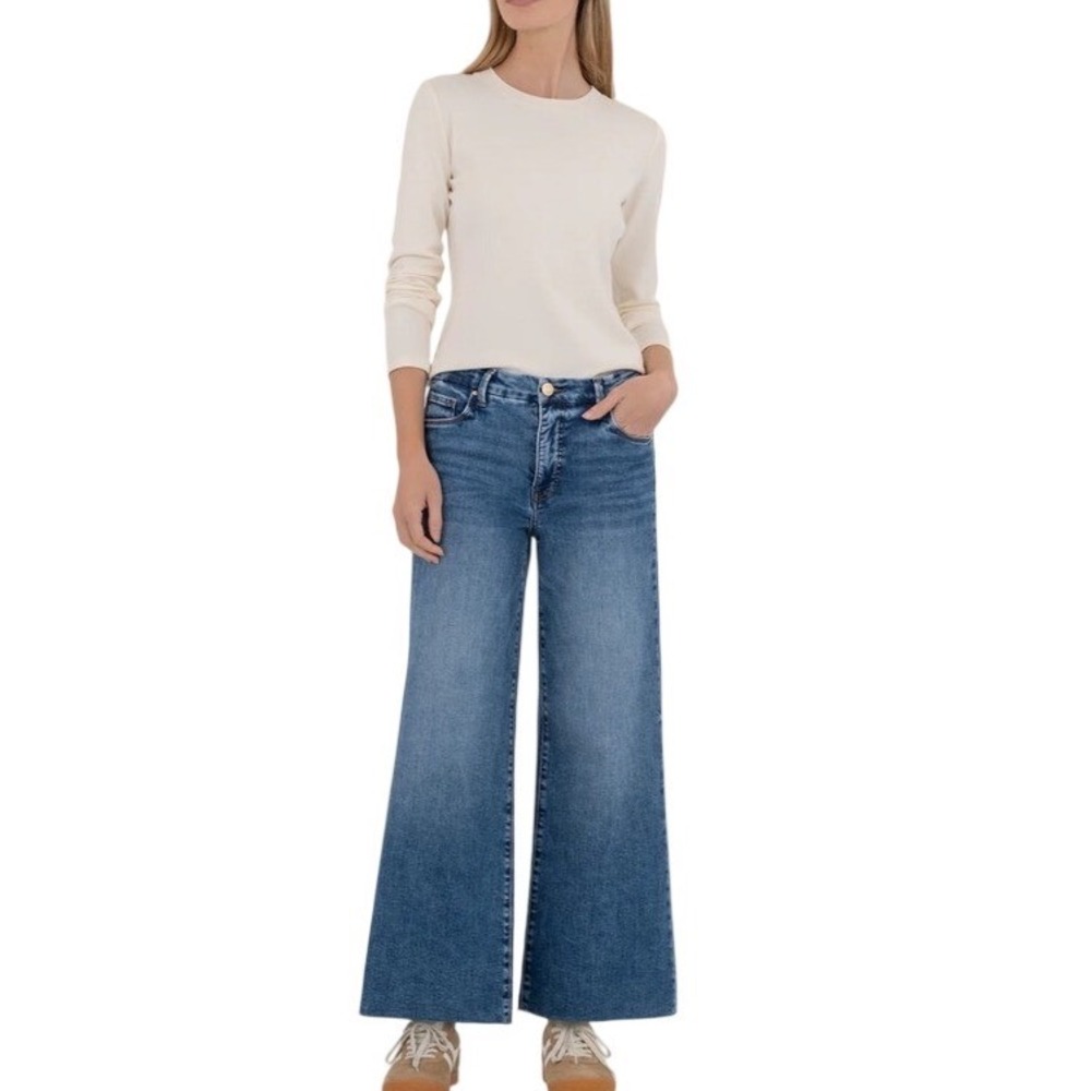 KUT from the Kloth Meg High Rise Fab Ab Wide Leg Jeans 00 Toughness Wash Raw Hem